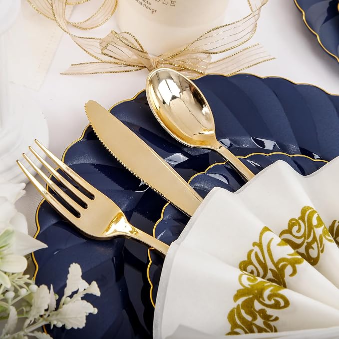 YOUBET 150PCS Blue Plastic Plates - Gold Plastic Silverware - Heavy Duty Navy Blue Disposable Plates include 50 Plates, 25 Forks, 25 Knives, 25 Spoons, 25 Napkins for Wedding Birthday Parties