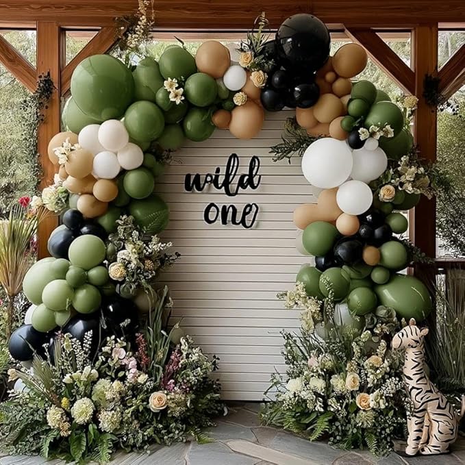 Black Sage Green Nude Balloon Garland Double Stuffed Olive Green Sand White Balloon Avocado Apricot Black Latex Arch Kit for Jungle Safari Wild One Birthday Baby Shower Woodland Decorations