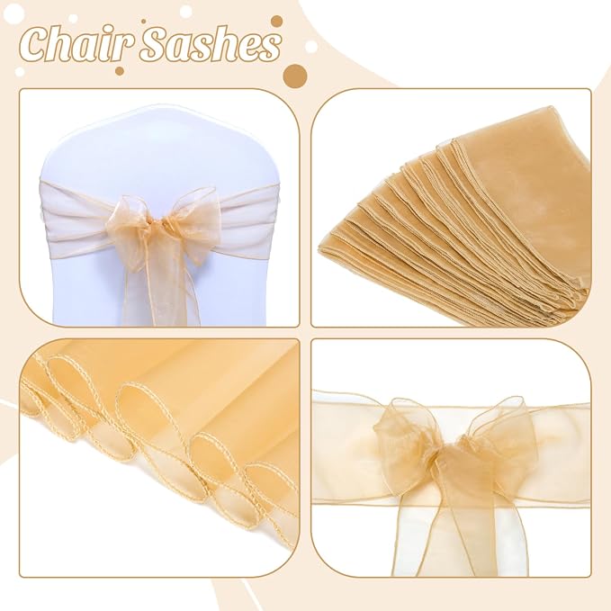 MDS® Pack of 75 Organza Chair Sashes for Wedding Decoration, Reusable Sheer Chair Bows for Banquet Chair Cover, Reception, Bridal Shower, Baby Shower, Birthday Party & Special Events - Champagne Gold