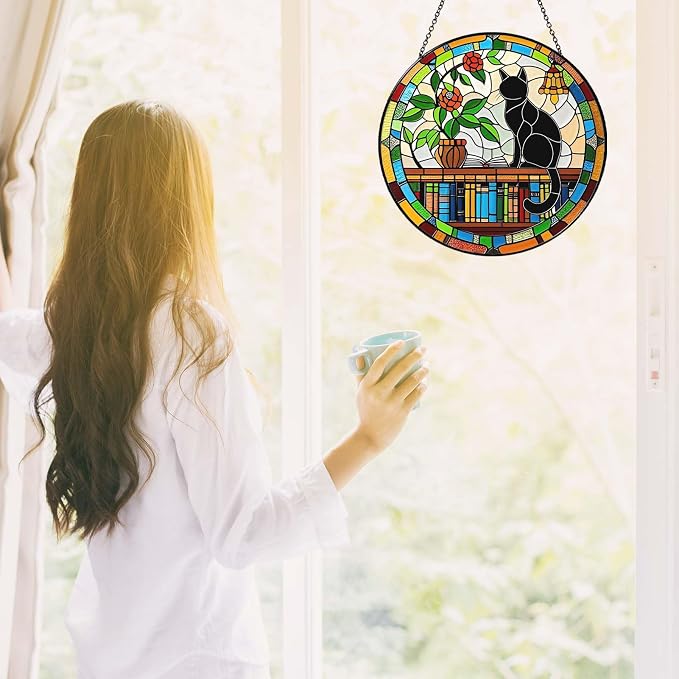 Cat Sun Catcher Stained Glass Window Hanging 6'', Book Lover Gifts for Women Book Wall Decor Handmade Sun Catcher Black Cat Sitting On Bookshelf Decoration for Home Room Housewarming Gifts