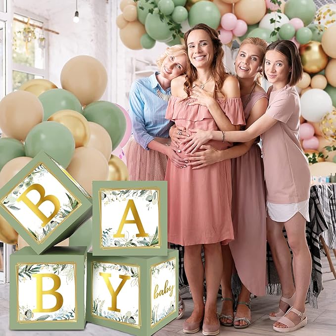 RUBFAC Baby Shower Boxes with Letters, 4pcs Sage Green Baby Shower Decorations for Boy Girl Balloon Boxes Gender Reveal Birthday Party Favors