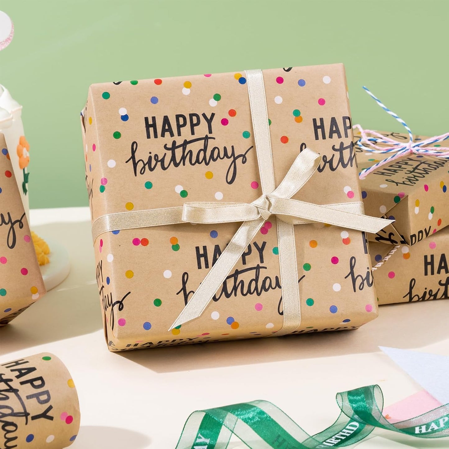 LeZakaa Birthday Kraft Wrapping Paper Roll, Happy Birthday Lettering & Colored Polka Dots Kraft Design for Holiday, Party, Baby Shower, 17 inches x 32.8 Feet (46.45 sq.ft.)