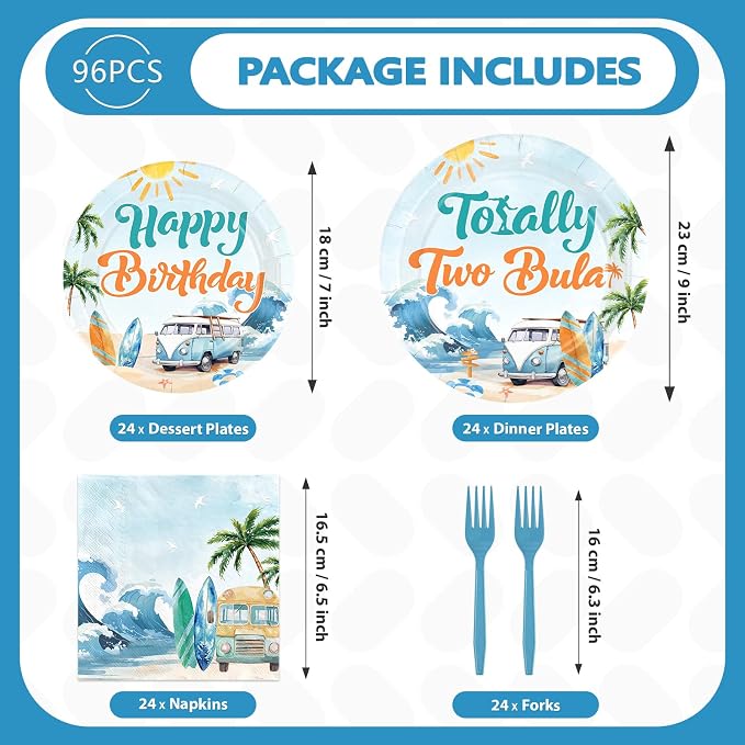 96Pcs Summer Surfing 2nd Birthday Party Decoration Totally Two Bular Plates and Napkins Vintage Surfing Birthday Tableware Set for Boys Summer Swimming Pool Hawaii Party Supplies, Serves 24