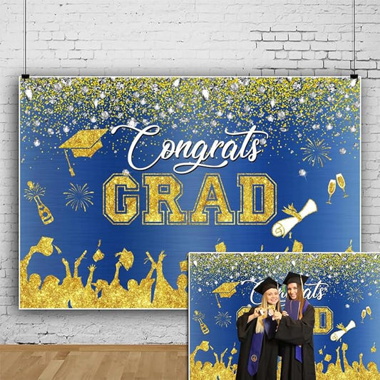 Leowefowa Congrats Grad Backdrop 10x8ft Blue Gold Glitter Graduation Backdrops for Photography Congratulations Graduates Backdrop Banner Grad Prom Party Decor Grad Photo Booth Props