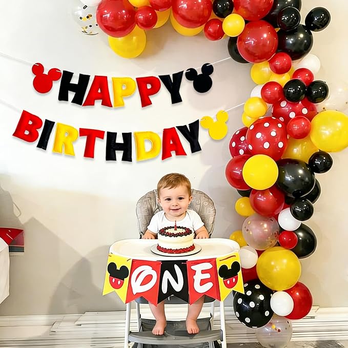 Reusable Cartoon Mouse Birthday Party Decorations - Pre-Strung Happy Birthday Banner with Red Black Yellow Mickey Style, Personalized Birthday Sign for Boys Girls Kids Babies Birthday Party Supplies