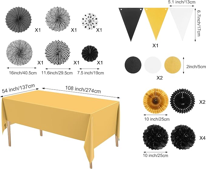 Fullhawl 27 Pcs Graduation Party Decoration, 6 Pcs Disposable Tablecloth 21 Pack Hanging Paper Fans, Pom Poms Flowers, Garland String Polka Dot and Triangle Flag Set for Birthday, Baby Shower, Wedding