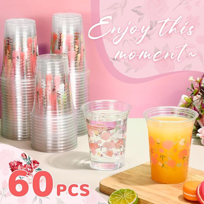 Hushee Wedding Floral 60 Pcs Party Cups 16 oz Plastic Disposable Drinking Cups for Birthday Love Baby in Bloom Baby Shower Summer Fresh off The Market Bridal Shower Decorations Supplies