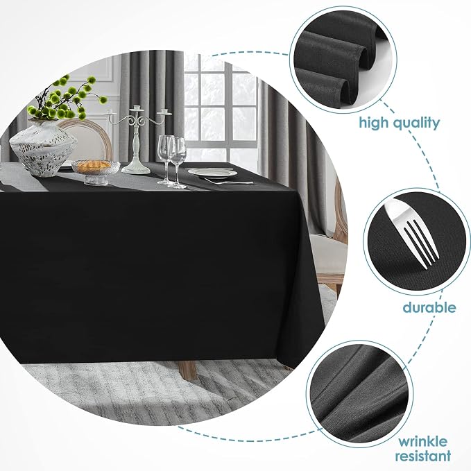 VidaFete 1 Pack Tablecloth 90 * 132inch Rectangle Table Cloth Polyester, Stain Wrinkle Resistant Polyester Dining Table Cover for Kitchen Dinning Party Wedding Tabletop Buffet Decoration(Black)