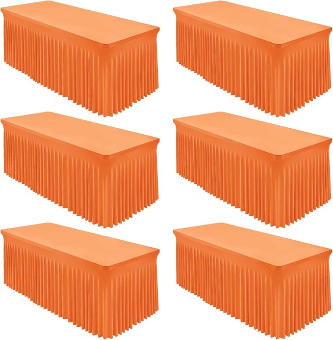 Shillance 6 Packs Orange Spandex Tableclothes for 8 Foot Rectangle Table, Spandex Table Covers 8FT Stretch Table Skirts Rectangle Wrinkle Free Fitted Tablecover for Event, Wedding, Banquet & Parties