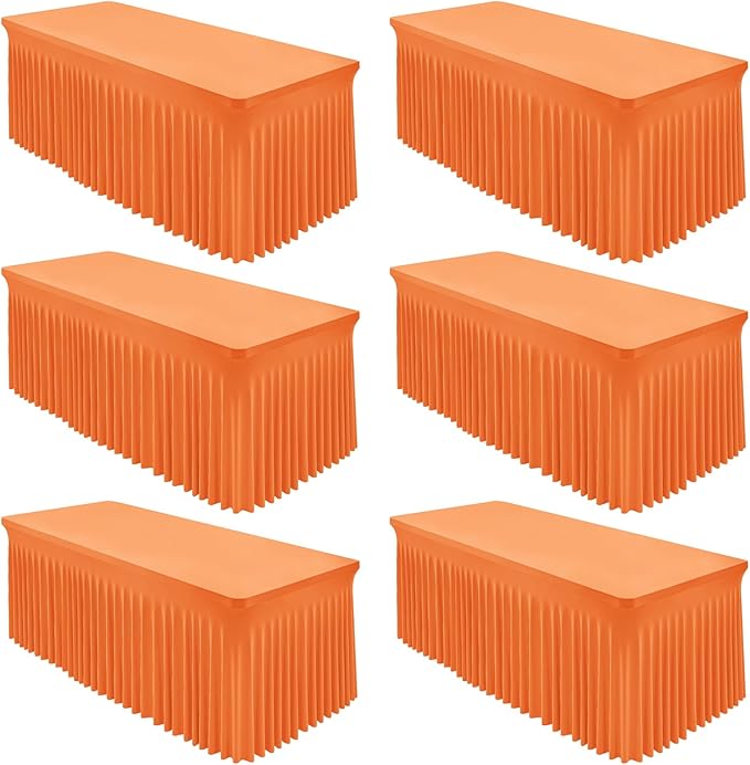 Shillance 6 Packs Orange Spandex Tableclothes for 6 Foot Rectangle Table, Spandex Table Covers 6FT Stretch Table Skirts Rectangle Wrinkle Free Fitted Tablecover for Event, Wedding, Banquet & Parties