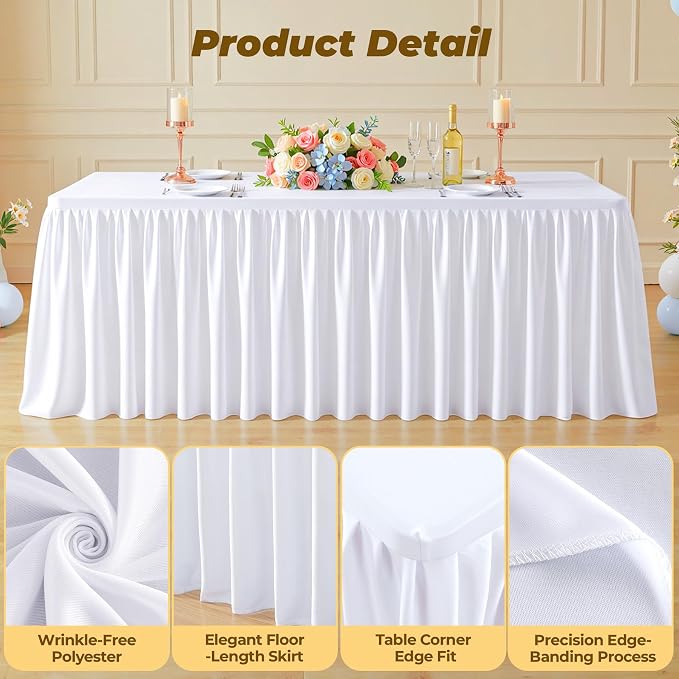 White Polyester Table Cloths for Rectangle 6 Foot Tables, 6 Pack Wrinkle Free Tablecloths Stretchy Banquet Ruffle Fitted Table Cover Desk Skirt for Parties Wedding Birthday Baby Shower