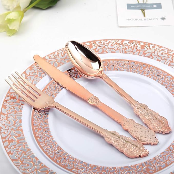 WDF-300 Pieces Rose Gold Plastic Silverware- Disposable Flatware -Heavyweight Plastic Cutlery- Includes 100 Forks, 100 Spoons, 100 Knives for Wedding/Parties/Mother's Day