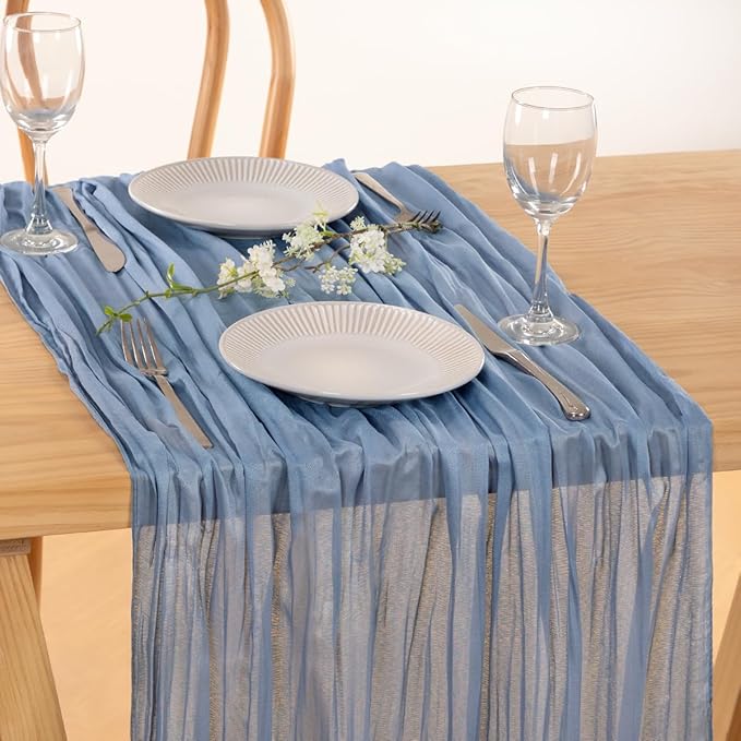 MLMC Dusty Blue Table Runner 10ft Boho Gauze Blue Cheesecloth Table Runner Rustic Cheese Cloth Centerpiece 35x120 Inches for Wedding Bridal Shower Baby Shower Party Decor