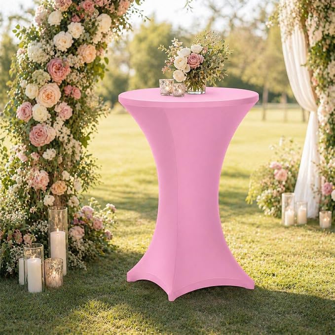Cocktail Table Covers - 6 Pack 32x43 Inch Table Cloth - Pink Fitted Stretch Spandex Round High Top Tablecloth for Party, Bar, Birthday, Pub, Banquet