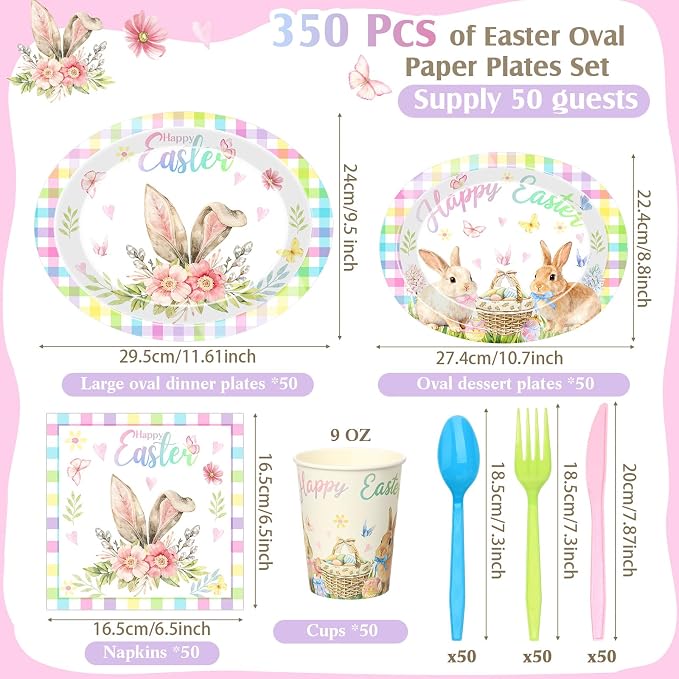 Pajean 350 Pcs Easter Plates Set Bunny Birthday Decorations with 12 Inch Disposable Pastel Easter Oval Plates and Napkins Eggs Heavy Duty Dinnerware for 50 Guests Picnic Spring Party Supplies