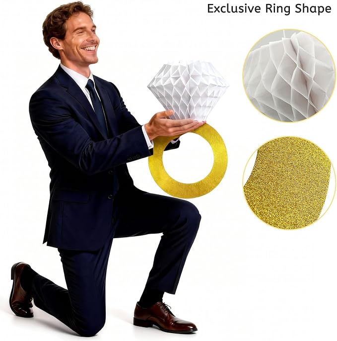 Daily Treasures 14PCS Gold White Engagement Party Decorations Kit - Hanging Ring Honeycomb Tissue Pom Poms,Paper Fans& 4m Banner for Engagement Wedding, Anniversary,Birthday Party Decor(Champagne)