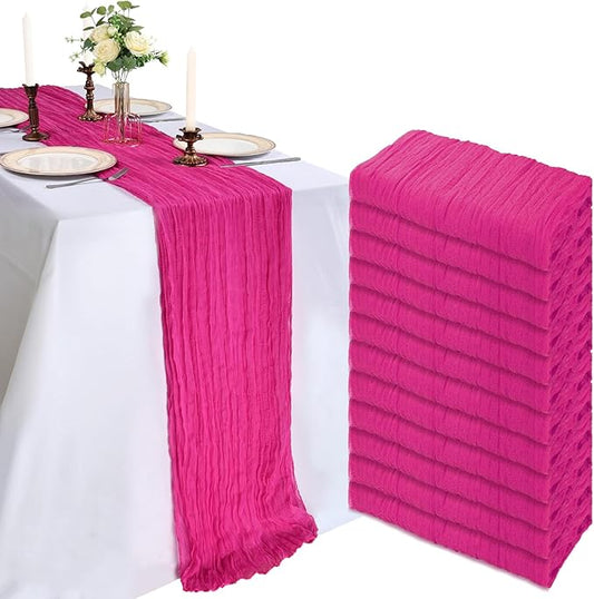 12 Pack 10FT Hot Pink Cheesecloth Table Runner 120 Inch Long Gauze Rustic Boho Spring Cheese Cloth Table Runner Sheer Fabric Decorations for Holiday Party Wedding Banquet Bridal Baby Shower Décor