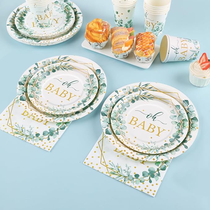 140PCS Sage Green Baby Shower Decorations for Boy, Baby Shower Plates and Cups and Napkins Sets Serves 20, for Eucalyptus Boho Boy Neutral