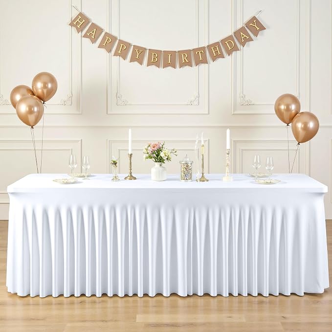 2 Pack 8ft White Spandex Tablecloths for Rectangle Tables Wrinkle Free White Rectangle Table Cloth Stretch Fitted 8 foot Table Cover with Skirt for Wedding Birthday Party Banquet Baby Shower Buffet
