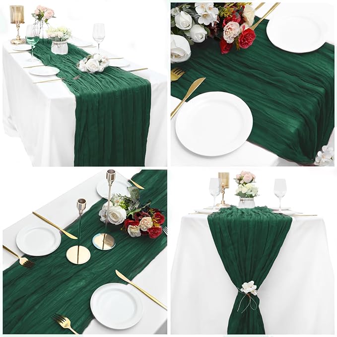 8 Pack Emerald Green Cheesecloth Table Runner 10Ft Gauze Cheese Cloth Table Runner 35 x 120Inch Boho Table Runners Romantic Table Cloth for Wedding Bridal Baby Shower Birthday Party Fall Table Decor