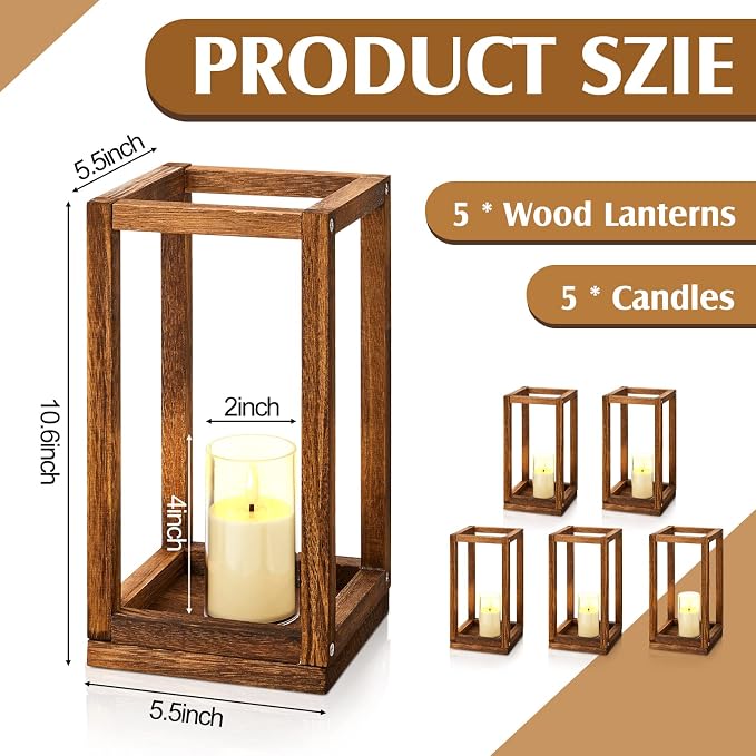 Sabary 5 Sets/ 10 Pcs Wooden Lantern Candle Holders with Candles for Wedding Decoration Vintage Table Centerpiece Farmhouse Rustic Candle Lantern for Indoor Fireplace Dining Party Decor (Caramel)