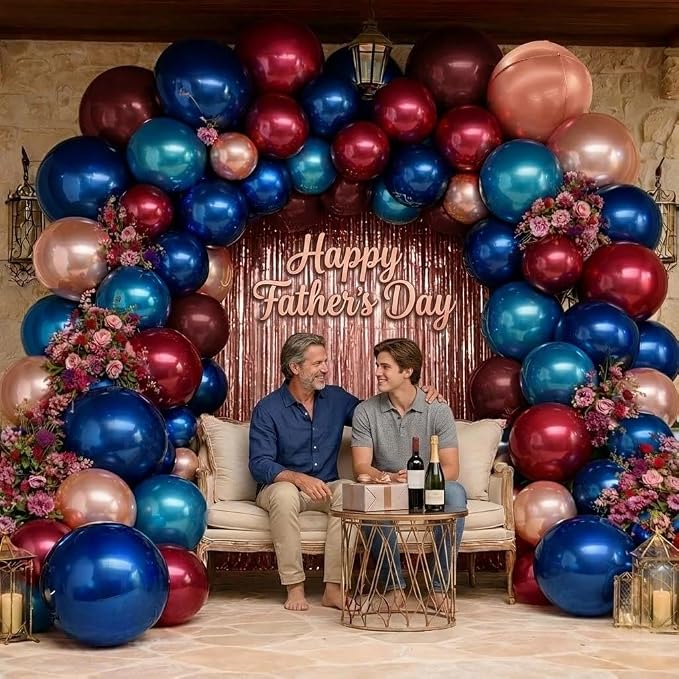 Red Blue Balloon Garland, Double Stuffed Navy Blue Dark Burgundy Balloon Arch Kit Rose Gold Fringe Curtains for Birthday Graduation Patriotic Father's Day Prom Party Decoration