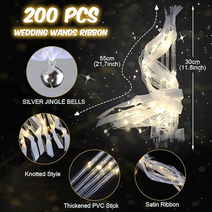 HONLYNE 28PCS Light up Wands for wedding, Wedding Wands Streamers with 3 Colorful Flashing Modes, Fairy Wands, LED Silk Fairy Wand with Bells for Wedding, New Year, Thanksgiving, Concert