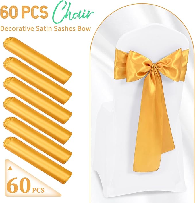 60 PCS Gold Satin Chair Sashes, Ties Bows Designed Chairs Decorative, Chair Cover Sashes for Thanksgiving Wedding Christmas Banquet Party Home Kitchen Decoration (7 x 108 inch)
