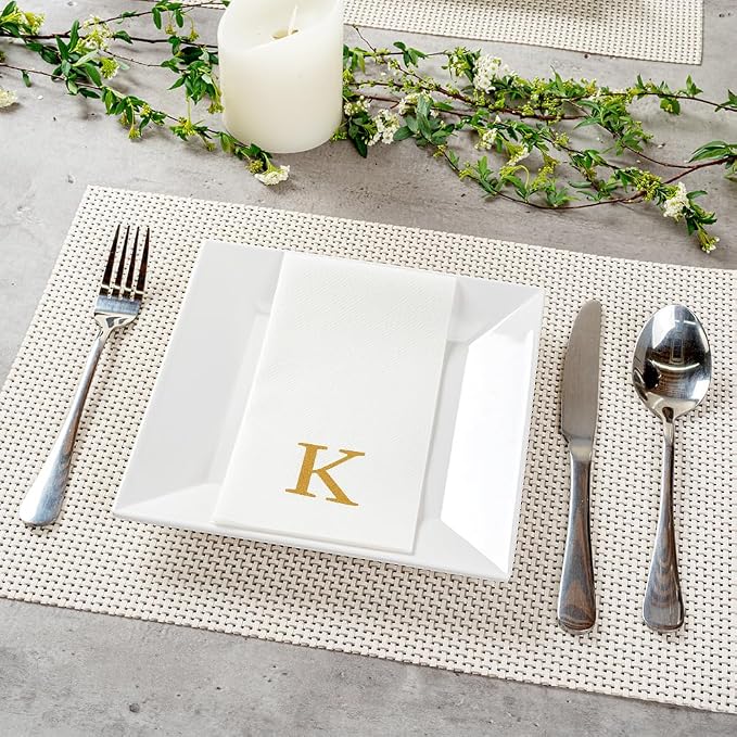 Luxenap 15.8 X 7.9 Inch Linen-Feel Guest Towels, 50 Lettered Hand Towels - Gold Letter 'K', Sans Serif Font, White Paper Dinner Napkins, airlaid, For Restrooms And Tables