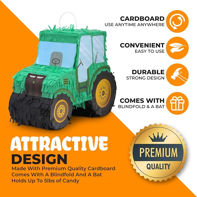 Pinatas Bundle with a Blindfold and Bat(15.8 x 6.7 x 12 Inches), Tractor Pinatas Kids Excavator Pinatas for Construction Birthday Parties, Boys Birthday Party Supplies
