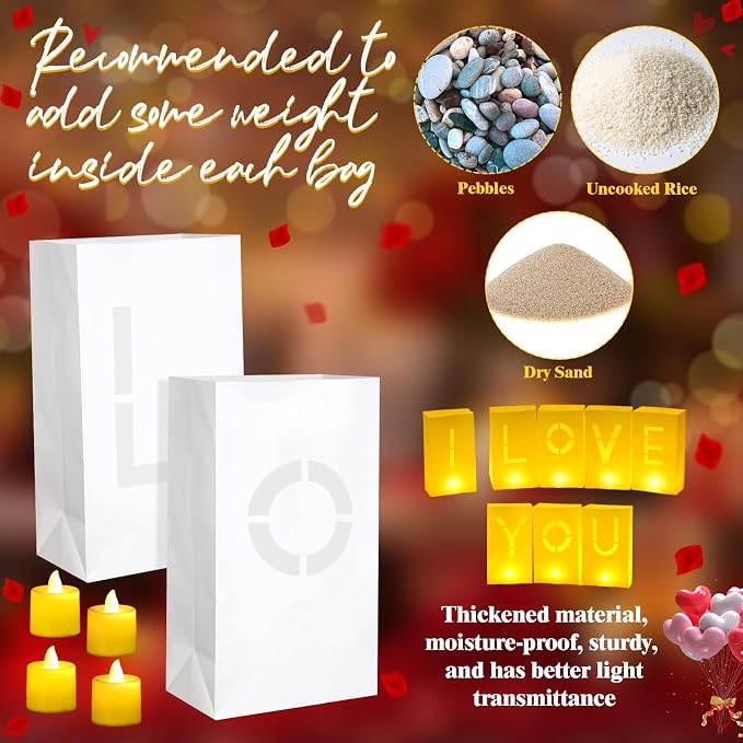 6080 Pcs I Love You Light up Letters with LED Flameless Tealight Candle Red Rose Petal Letter Luminary Paper Bag for Valentine's Day Decorations Anniversary Proposal Romantic Special Night Decor
