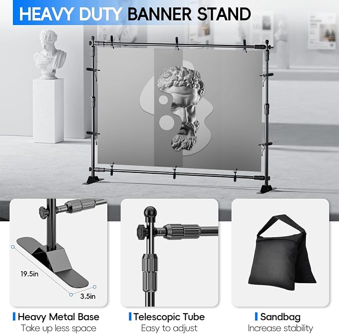 EMART Adjustable Photo Backdrop Banner Stand with 10 X 8ft（W X H） Telescopic Tubes, Suitable for Trade Shows, Professional Photography Booths, and Step and Repeat Background Displays