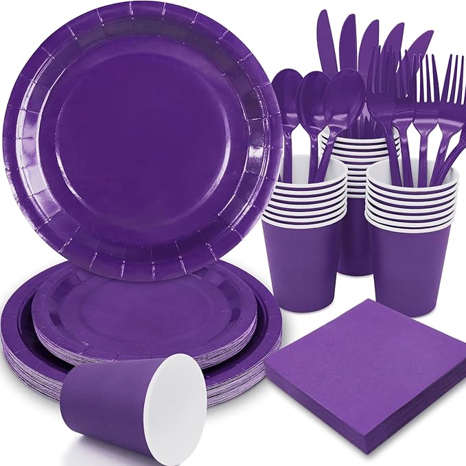 Purple Paper Plates Party Supplies,168pcs Purple Plates and Cups and Napkins Set for Mardi Gras Birthday Decorations Disposable Dinnerware Sets for Women Serve 24