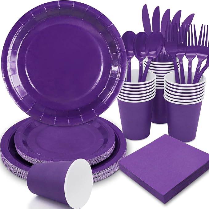 Purple Paper Plates Party Supplies,168pcs Purple Plates and Cups and Napkins Set for Mardi Gras Birthday Decorations Disposable Dinnerware Sets for Girls Birthday, Wedding,Halloween Serve 24
