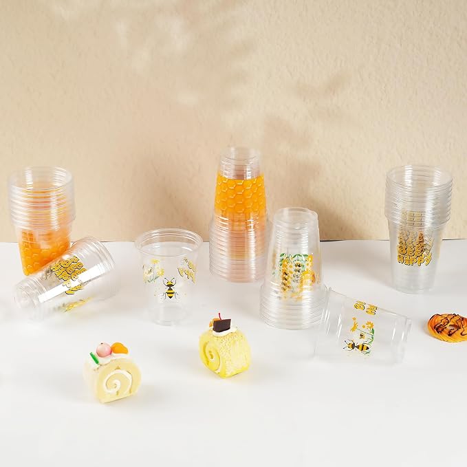 50 Pcs Honey Bee Party Decoration Cups, 12 oz Clear Disposable Drinking Honey Cups, First Bee Day Theme Summer Party Decorations Favors for Home, Kitchen, Baby Shower