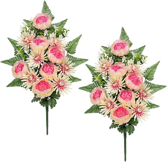 Briful Grave Flowers for Cemetery, 2PCS Sympathy Silk Spring Flowers Bouquet Artificial Mums Peony Funeral Outdoor Flowers Arrangement for Memorial Graveyard Headstones Vase Decor