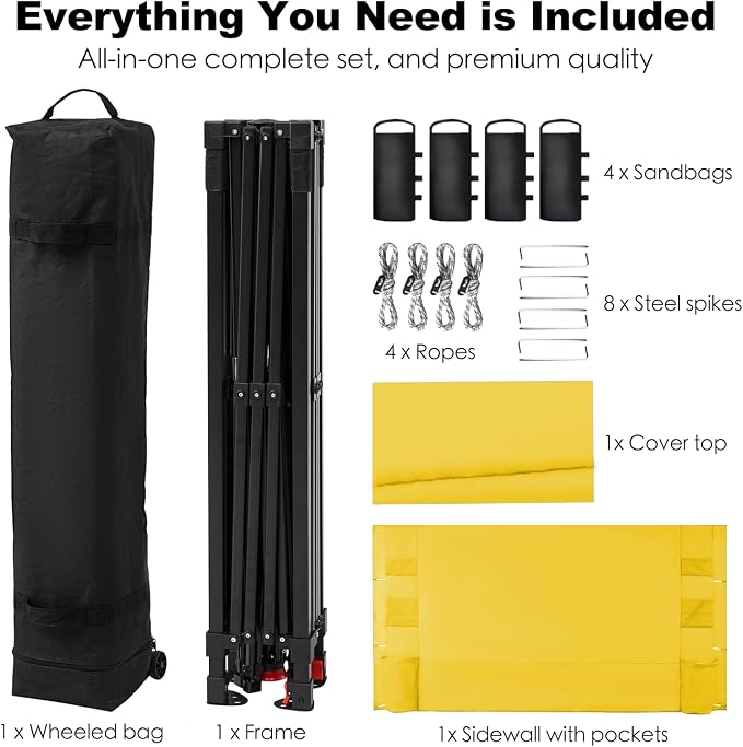 GAFETE 10×10 Pop Up Canopy Tent with 1 Pockets Sidewall, Easy up Sun Shade with One Push Setup, Portable Instant Outdoor Canopy Tent for Events Parties Camping with Carrying Bag (Yellow, 10x10 FT)