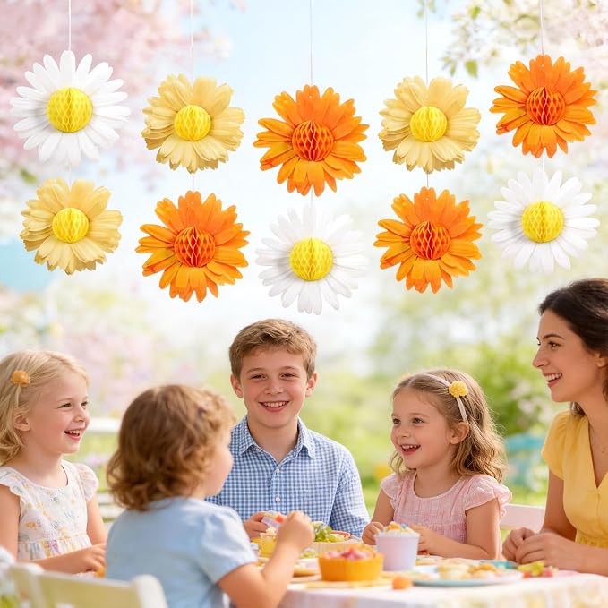 SUNBEAUTY 9PCS Paper Flower Party Decorations Yellow Orange Giant Paper Flowers 3D Daisy Honeycomb Hanging Decorations for Girls Birthday Boho Sun Party Spring Garden Wedding Classroom Baby Shower