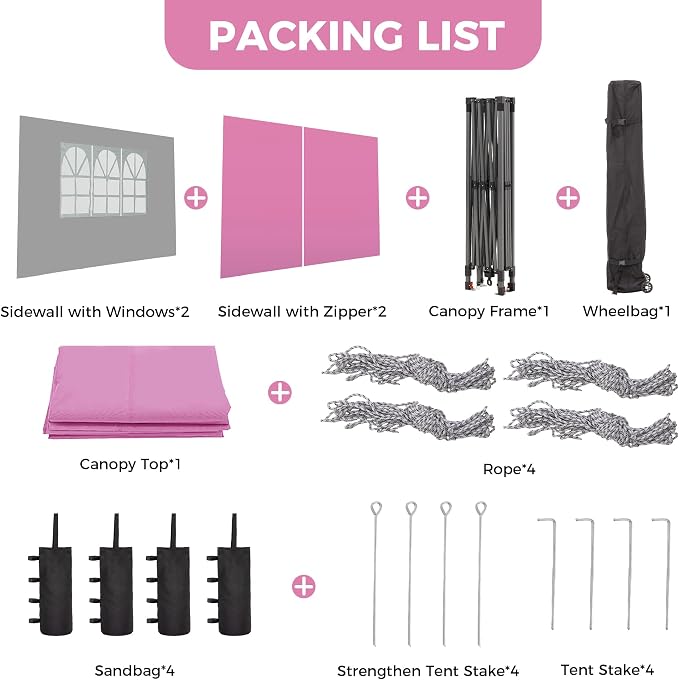 GDY 12x12FT Pop Up Canopy Tent with One Push Setup, Easy to Install with 4-Sidewalls for Events, Parties, Camping, Outdoor Gazebo with 4-Sandbags and Wheel Bag, Pink.