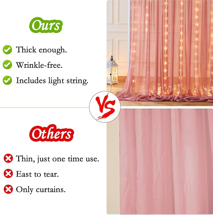 10ft x 10ft Dusty Rose Chiffon Backdrop Curtain with Lights String for Parites Wedding Wrinkle Free Curtain Photo Backdrops Drapes for Baby Shower Birthday Party Home Decorations