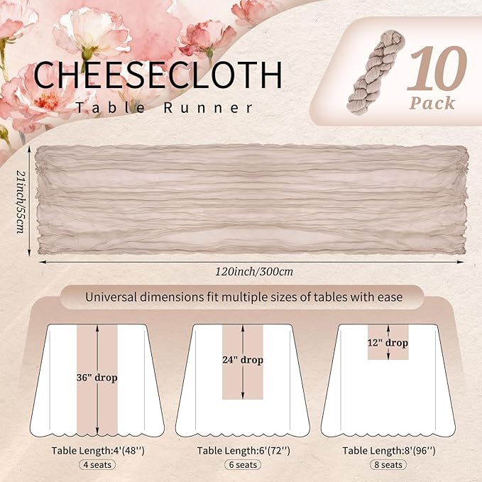 10 Pack Rosy Brown Cheesecloth Table Runner 10FT Boho Gauze Cheese Cloth Table Runners Romantic Rustic Sheer Table Decorations for Wedding Party Baby Shower Birthday Holiday Home