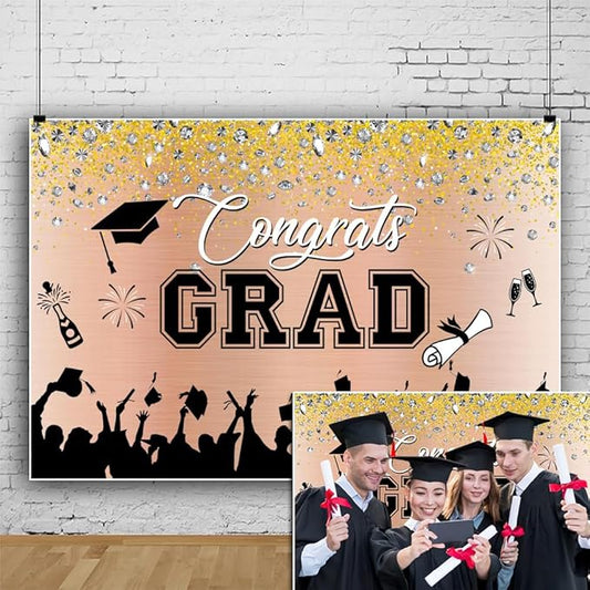Leowefowa Congrats Grad Backdrop 10x8ft Rosegold Black Gold Glitter Graduation Backdrops for Photography Congratulations Graduates Backdrop Banner Grad Prom Party Decor Grad Photo Booth Props