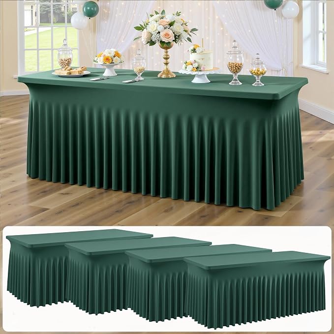 4 pk Hunter Green Spandex Tablecloth for 6 Foot Rectangle Tables, Wrinkle Free Fitted Spandex Table Covers 6ft Green Stretch Table Cloths with Ruffle Skirt for Parties Weddings Banquet Baby Shower