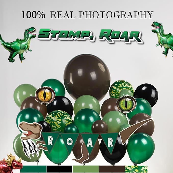 Dinosaur Birthday Party Decorations hunter Green black brown balloon arch kit with mini dino Foil balloons ROAR Banner Dinosaur eye stickers for jungle adventure Boy Scouts three rex Jurassic Supplies