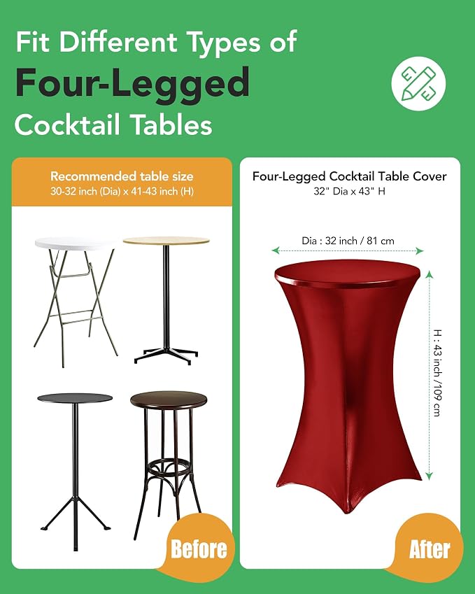 Cocktail High Top Table Covers - 32x43 Inch Fitted Spandex Round Cocktail Tablecloth for Bar Height Standing Table Cloths Reusable, for Party Wedding Banquet Event Decorations, Shiny Red, 8 Pack