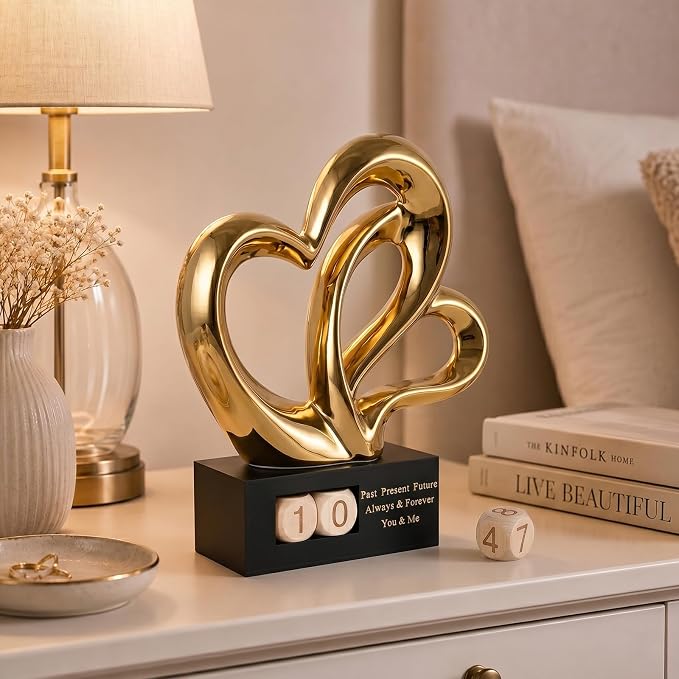 Ceramic Heart Sculpture with Date Blocks, Gold Hearts Statue for Home Decor, Romantic Valentines Day & Wedding for Couple, Shelf Mantel Tabletop Display (Gold)