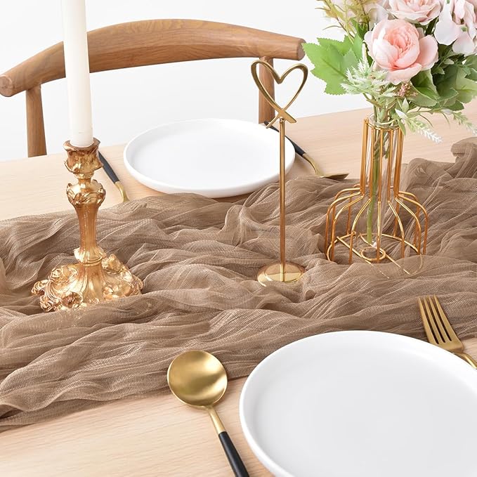 Joanlody Coffee Cheesecloth Table Runner Spring Summer 10Ft Rustic Gauze Boho Cheese Cloth Table Runner for Wedding Bridal Baby Shower Decoration 4 Pack