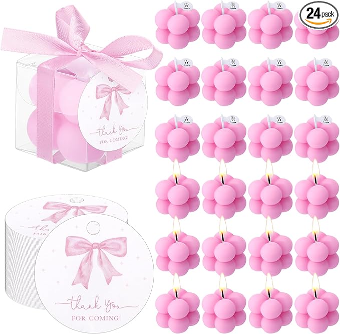 MTLEE 24 Sets Pink Bow Party Favors Small Bubble Candle Baby Shower Favors for Guests Tea Candles Bulk with Stylish Ribbons Cards Gifts Party Decoration(Bright Pink,Bow)