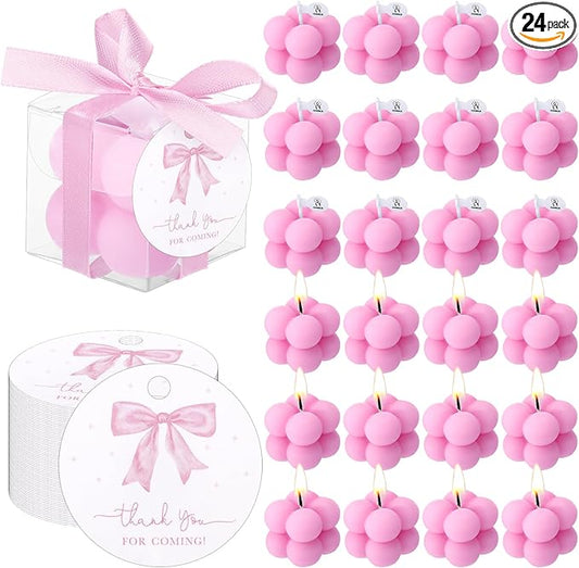 MTLEE 24 Sets Pink Bow Party Favors Small Bubble Candle Baby Shower Favors for Guests Tea Candles Bulk with Stylish Ribbons Cards Gifts Party Decoration(Bright Pink,Bow)