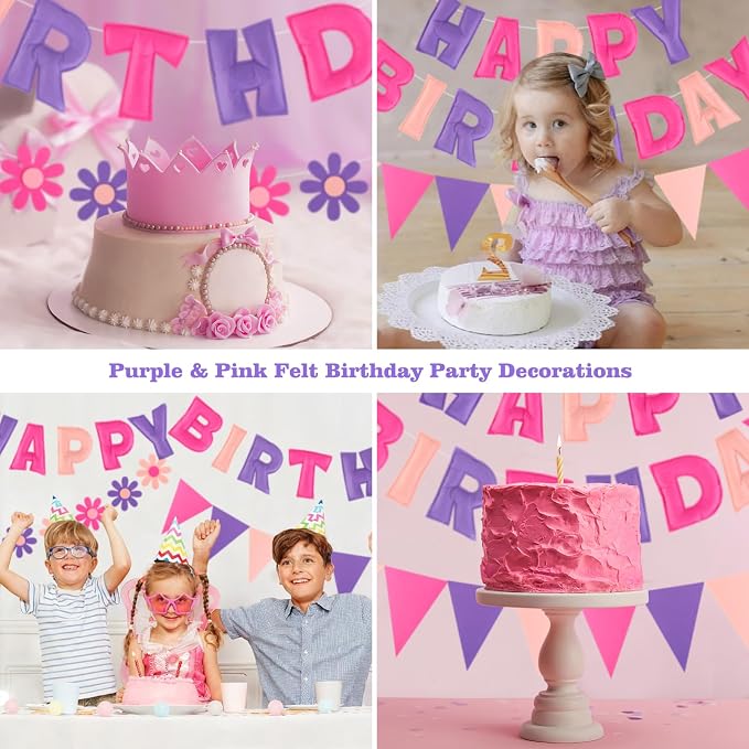 YEOCU Happy Birthday Decorations, No DIY, Pre-Strung 3D Banner | Pink&Purple, 3D felt banner, flower garland & flags. No DIY, reusable for kids & women.